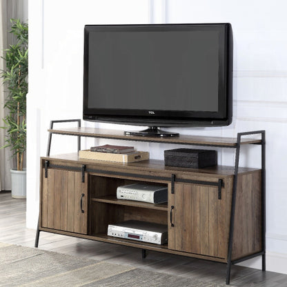 Rustic Oak & Black 60 Inch TV Stand with Sliding Barn Door for 58 Inch TV