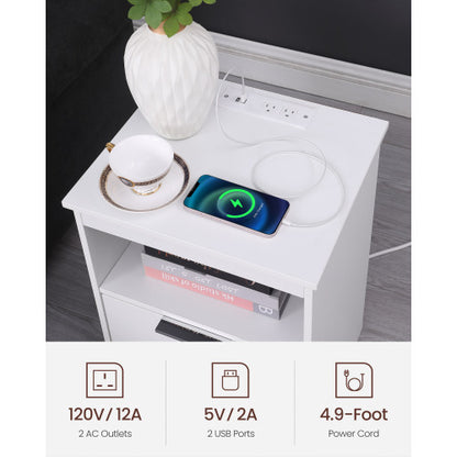 White Wooden Nightstand with Charging Station, 2 Drawers & Open Shelf Modern Side Table