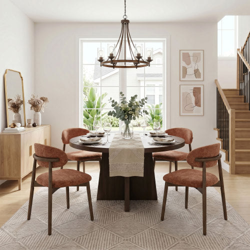 Set of 4 Brown Solid Wood Dining Chairs with integrated soft fabric upholstery for comfortable seating and back support. Featuring a classic minimalist farmhouse design, they are ideal for both kitche