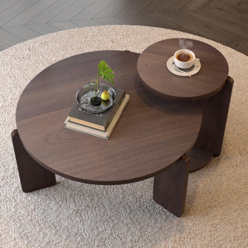 Set of 2 Walnut Veneer Nesting Round Coffee Tables, Water Resistant PU Paint MDF Side Table