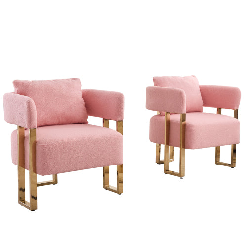 2-PCS Pink Teddy Fleece Accent Side Chair with Polished Gold Metal Square Legs