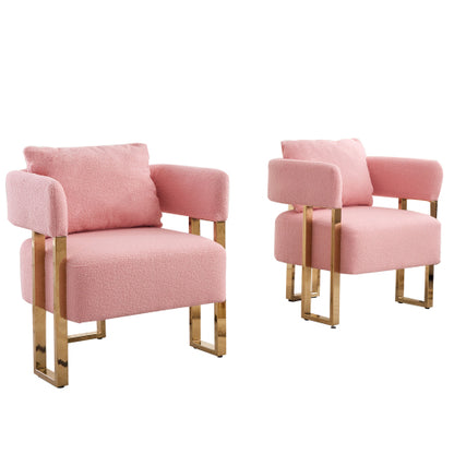 2-PCS Pink Teddy Fleece Accent Side Chair with Polished Gold Metal Square Legs