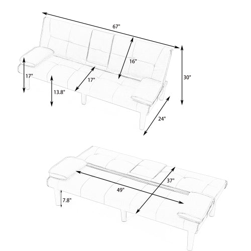 67-Inch Black PVC Multi-Functional Foldable Sofa Bed with Built-In Cup Holder