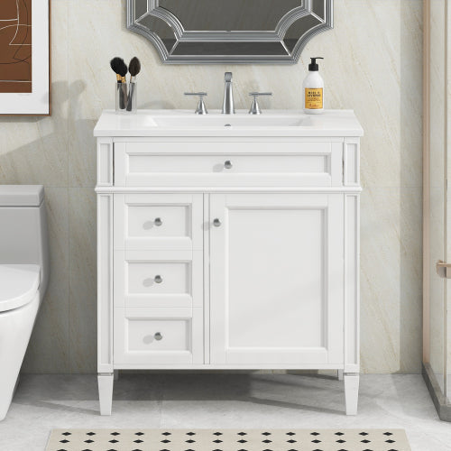 30'' Bathroom Vanity with Top Sink, Modern Bathroom Storage Cabinet with 2 Drawers and a Tip-out Drawer, Single Sink Bathroom Vanity