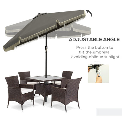 9ft Patio Umbrella with Push Button Tilt and Crank, Ruffled Outdoor Market Table Umbrella with Tassles and 8 Ribs, for Garden, Deck, Pool, Dark Gray