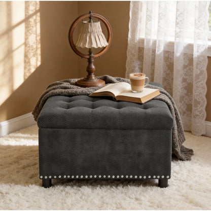 Dark Grey Tufted Square Storage Ottoman with Nailhead Trim, Upholstered Footstool for Living Room & Bedroom
