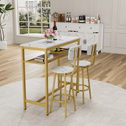 3-Piece Counter Height Dining Set with White Faux Marble Tabletop and 2 Stools, Space Saving Bar Table Set