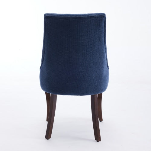 Set of 2 Blue Rayon Flocking Linen High Back Dining Chairs, Curved Solid Wood Legs Adjustable Leveling Feet