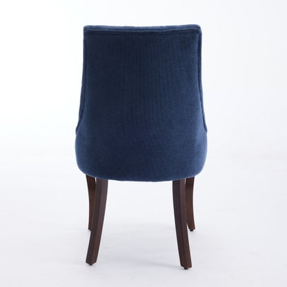 Set of 2 Blue Rayon Flocking Linen High Back Dining Chairs, Curved Solid Wood Legs Adjustable Leveling Feet