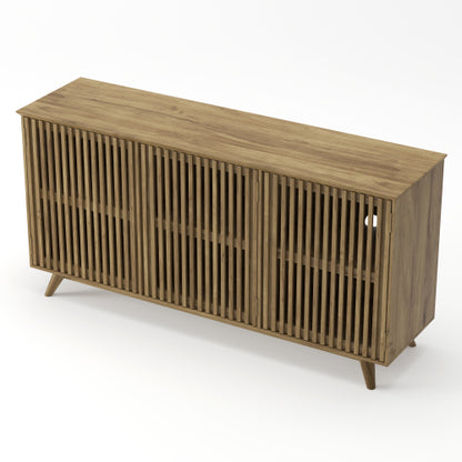 58.86 Inch Solid Knot-Free Pine Mid-Century TV Stand with Adjustable Shelf & Push-to-Open Doors
