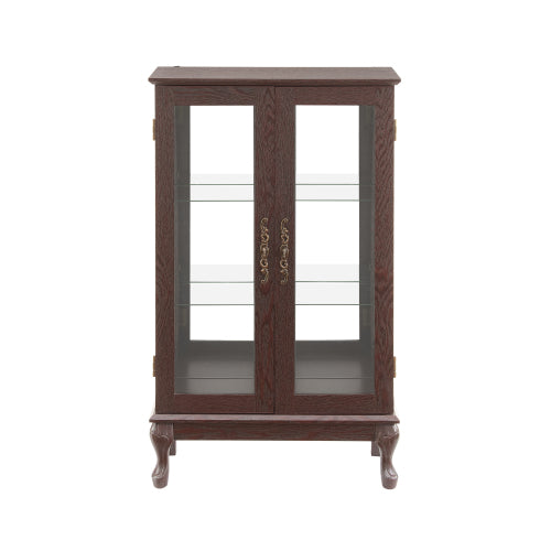 Cherry Lighted Tempered Glass Curio Cabinet Mirrored Back Panel Adjustable Shelf Vintage Metal Handle Home Display Cabinet