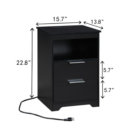 Black Nightstand with Charging Station, 2 Drawers & Open Shelf Wooden Bedroom Side Table