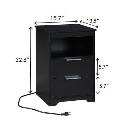 Black Nightstand with Charging Station, 2 Drawers & Open Shelf Wooden Bedroom Side Table