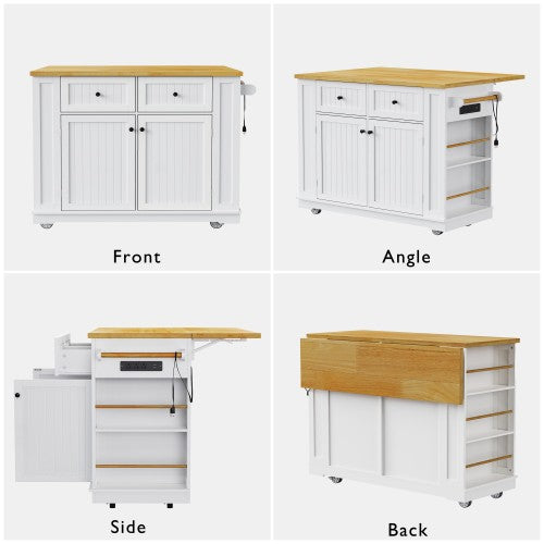 48inch Kitchen Island with 2 Bar Stools, Power Outlet, Door Internal Storage Rack, Kitchen Storage Cart on 5 Wheels with Drop Leaf, 5 Side Racks, 2 Drawers,White