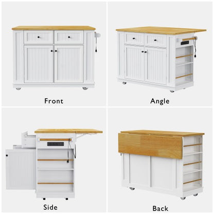 48inch Kitchen Island with 2 Bar Stools, Power Outlet, Door Internal Storage Rack, Kitchen Storage Cart on 5 Wheels with Drop Leaf, 5 Side Racks, 2 Drawers,White