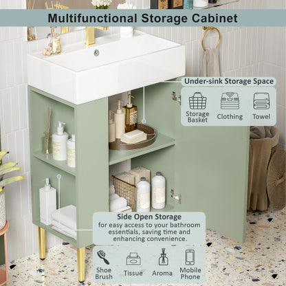 21.6" Green Bathroom vanity, Combo Cabinet, Bathroom Storage Cabinet, Single Ceramic Sink, Left side storage