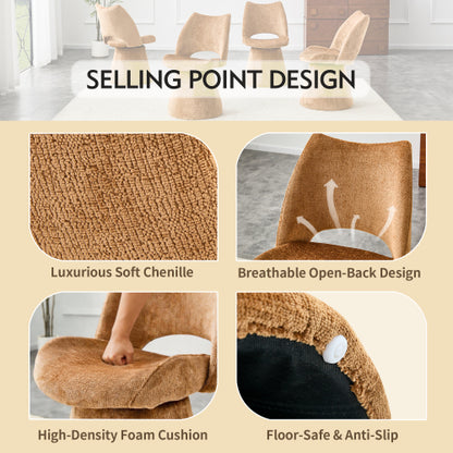 Single Brown Chenille 360° Swivel Hollow Back Accent Chair, Heavy-Duty Metal Base Ergonomic Vanity Chair