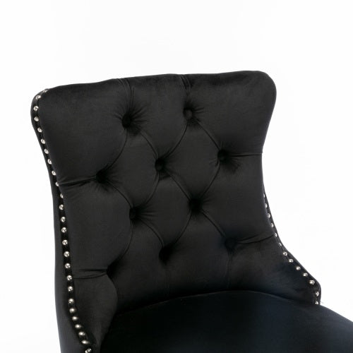 Contemporary Velvet Upholstered Barstools with Button Tufted Decoration and Wooden Legs, and Chrome Nailhead Trim, Leisure Style Bar Chairs,Bar stools, Set of 2 (Black)