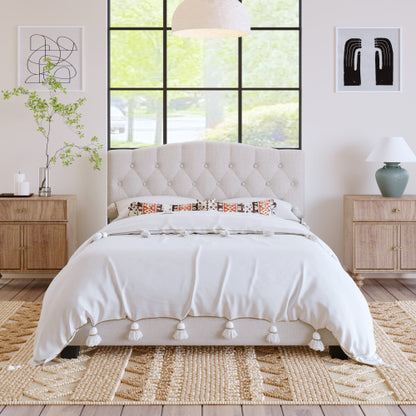 Upholstered Platform Bed with Saddle Curved Adjustable Headboard and Diamond Tufted Details,Wooden Slats and Metal Support, No Box Spring Needed,Queen, Beige