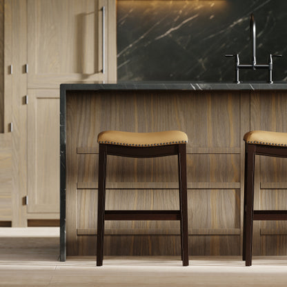 31in. H Bar-Height Wood Barstool with Tan Faux-Leather Seat, 1PC