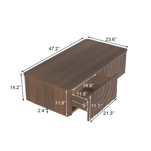47 Inch Wave Texture Coffee Table with 2 Drawers Hidden Base Walnut Brown