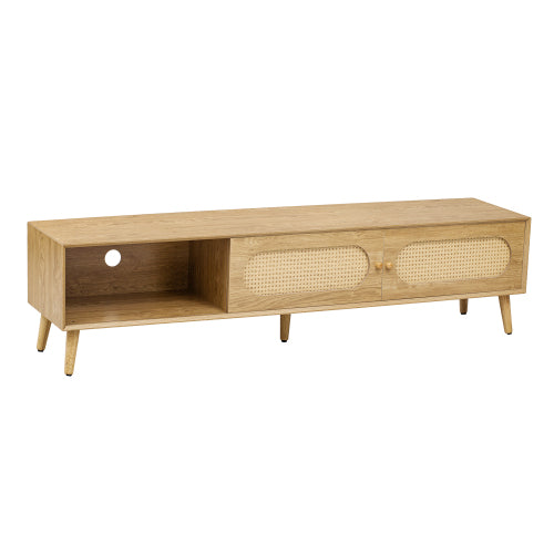 70.8 Inch Natural Wood Boho Rattan Sliding Door TV Stand Solid Wood Legs Holds 80 Inch TV