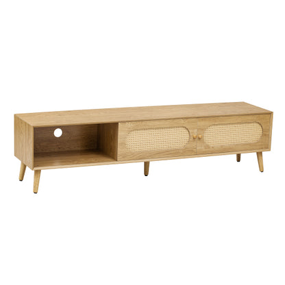 70.8 Inch Natural Wood Boho Rattan Sliding Door TV Stand Solid Wood Legs Holds 80 Inch TV
