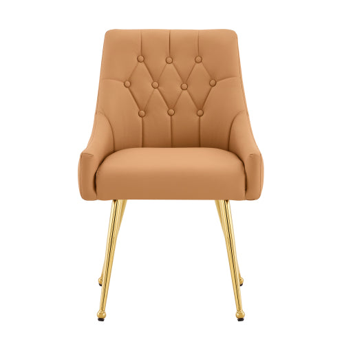 Set of 2 Light Brown Diamond Tufted Faux Leather Dining Chairs, Metal Back Handle, Gold Metal Legs, Luxury Accent Chairs