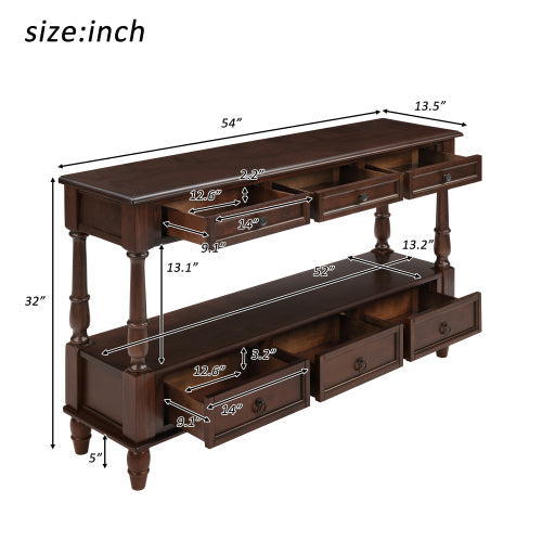 54 Inch Solid Wood Console Table with 6 Drawers & Shelf Espresso Brown