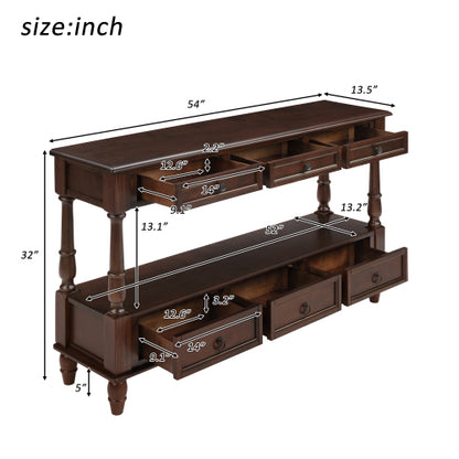 54 Inch Solid Wood Console Table with 6 Drawers & Shelf Espresso Brown