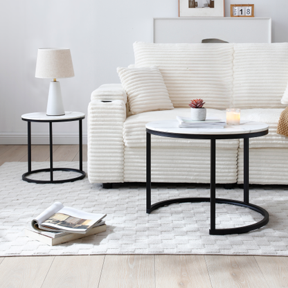 2-Piece Nesting Round Coffee Table, White & Gray Top