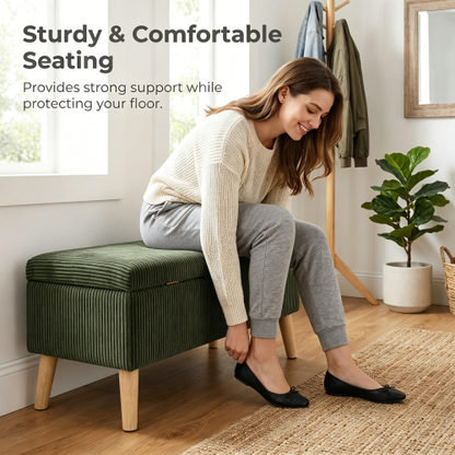 32 inch Olive Green Corduroy Flip-Top Storage Ottoman Bench, Wooden Leg Upholstered End of Bed & Entryway Stool