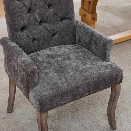 Upholstered Chenille Arm Dining Chair, Tufted Accent Chair with Curved Solid Wood Legs, Gray, Single Pack