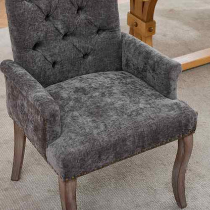Upholstered Chenille Arm Dining Chair, Tufted Accent Chair with Curved Solid Wood Legs, Gray, Single Pack