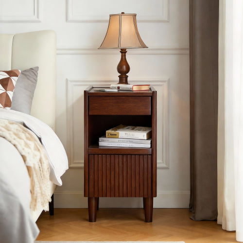 Solid Wood Nightstand with Drawer and Open Shelves, Bedside Storage Table