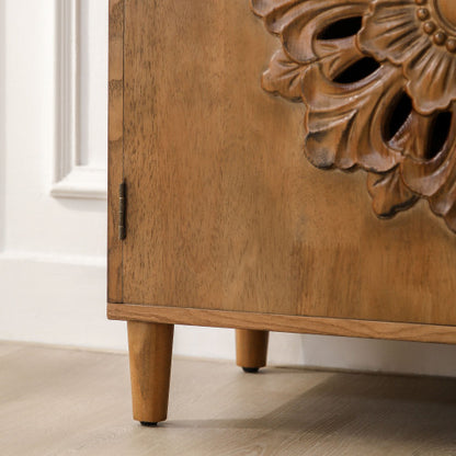 Rustic Hand-Carved Floral 2-Door Wooden Cabinet Bohemian Style Solid Wood Leg Storage Sideboard For Home Decor