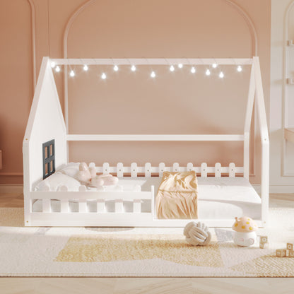 Full Size Wood House Bed with Window and Fence, White