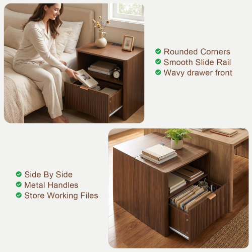 Set of 2 Walnut Mid-Century Nightstands with Charging Station