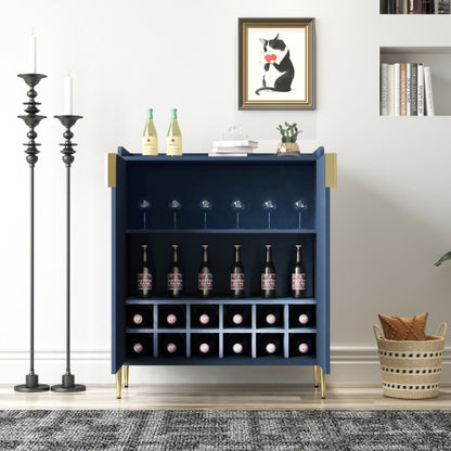 2 doors home wine bar cabinet with wine rack & adjustable storage shelf, modern sideboard with soft-closing hinge, dinning room buffet cabinet, Liquor Cabinet kitchen, living room coffee cart Blue