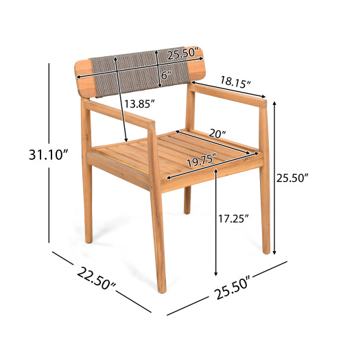 CREATIVE BRAIDED ACACIA WOOD OUTDOOR DINING CHAIRS WITH ARMRESTS, SUITABLE FOR OUTDOOR DINING AND LEISURE PLACES, TEAK LOOK & GREY ROPE,SET OF 2