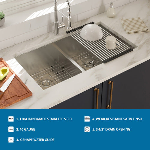 Double Bowl(50/50) Undermount Sink- 36" x 19" x 10" Double Bowl Kitchen Sink 16 Gauge with Two 10" Deep Basin