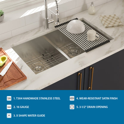 Double Bowl(50/50) Undermount Sink- 28"x19"x10" Double Bowl Kitchen Sink 16 Gauge with Two 10" Deep Basin