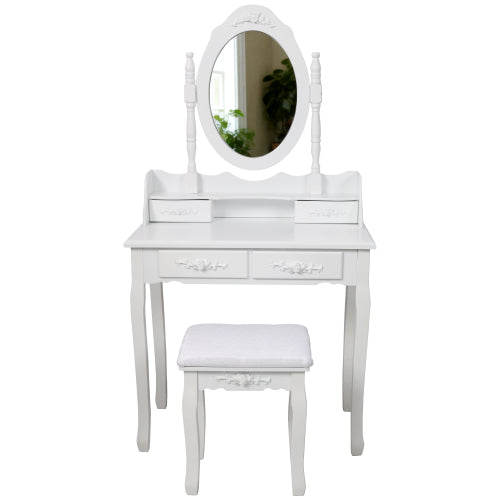 White Princess Vanity Desk Set with Mirror & Cushioned Stool, 4-Drawer Wooden Makeup Vanity Table for Girls' Bedroom, Dressing Table with Ample Storage