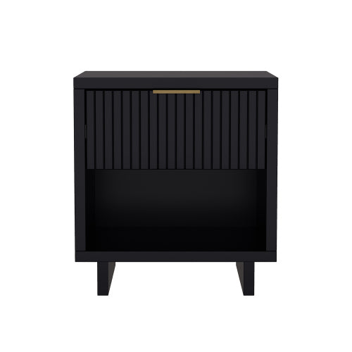 Black Modern Nightstand with Fluted Drawer & Open Shelf