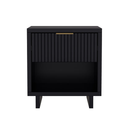 Black Modern Nightstand with Fluted Drawer & Open Shelf