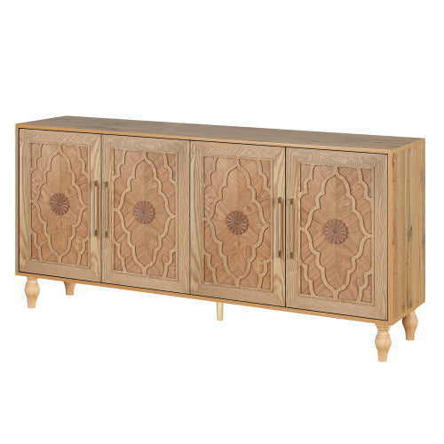 Natural Wood Carved Flower Door Large Storage Cabinet Metal Handle Household Multi-Scene Practical Sideboard Cabinet