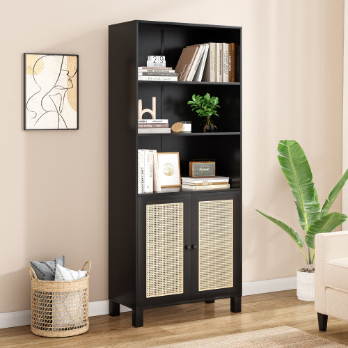 Tall Bookcase with Rattan Doors, 5-Tier Wood Storage Shelf, Black