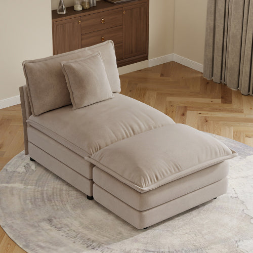Light-Coffee Chenille Armless 1-Seat Modular Sofa with Ottoman Solid-Wood Frame Assembly-Required