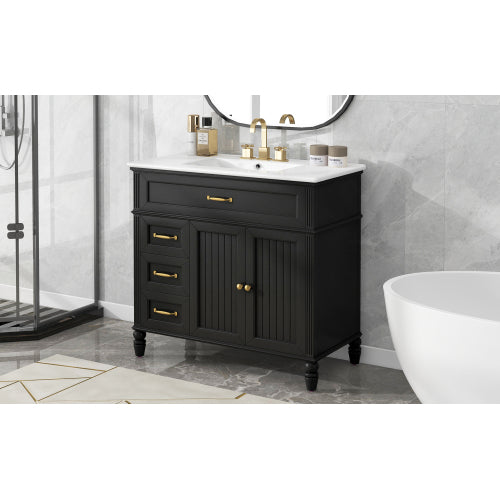 36" Bathroom Vanity with Sink, Black Bathroom Cabinet with Drawers, Solid Frame and MDF Board, One Package