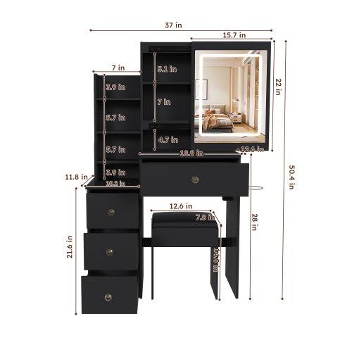 Contemporary Black Vanity Desk with LED Mirror, 4 Drawers & Open Storage, Outlet & Dryer Holder, Includes Dressing Chair